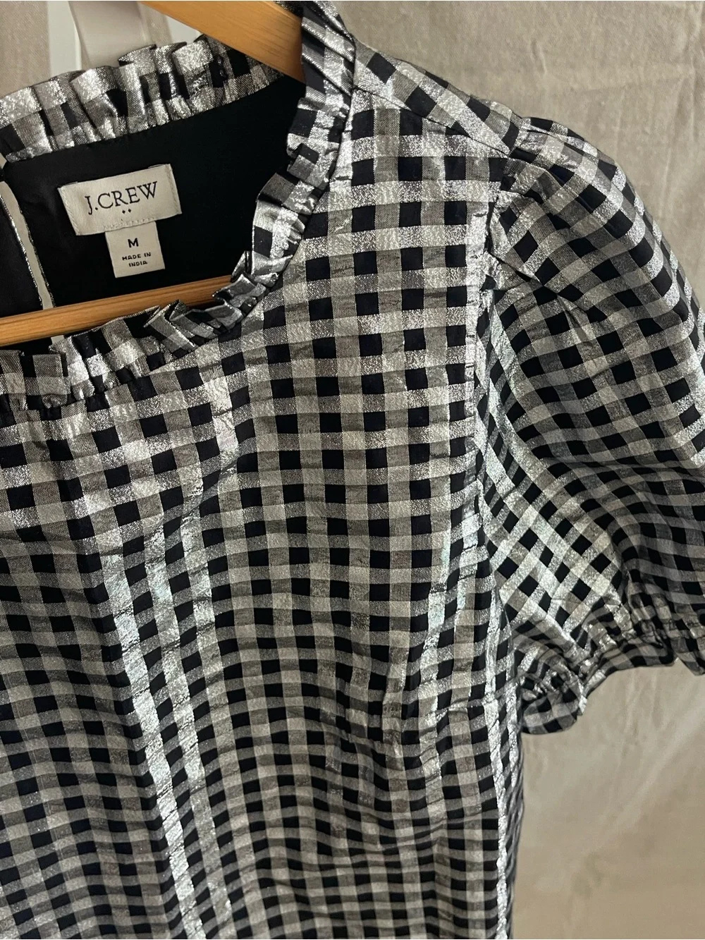 J.Crew Factory Shiny Gingham Puff Sleeve Top Black Silver Lurex M